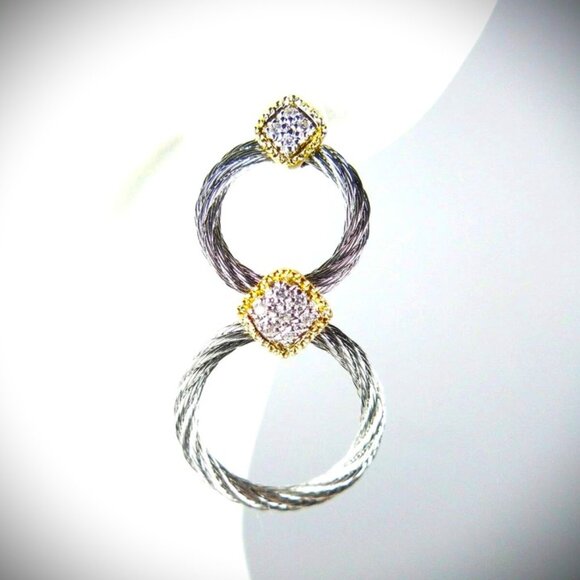 ALOR 18K Gold Stainless Steel Classique Diamond Pave Double Hoop Drop Earrings - Picture 10 of 10